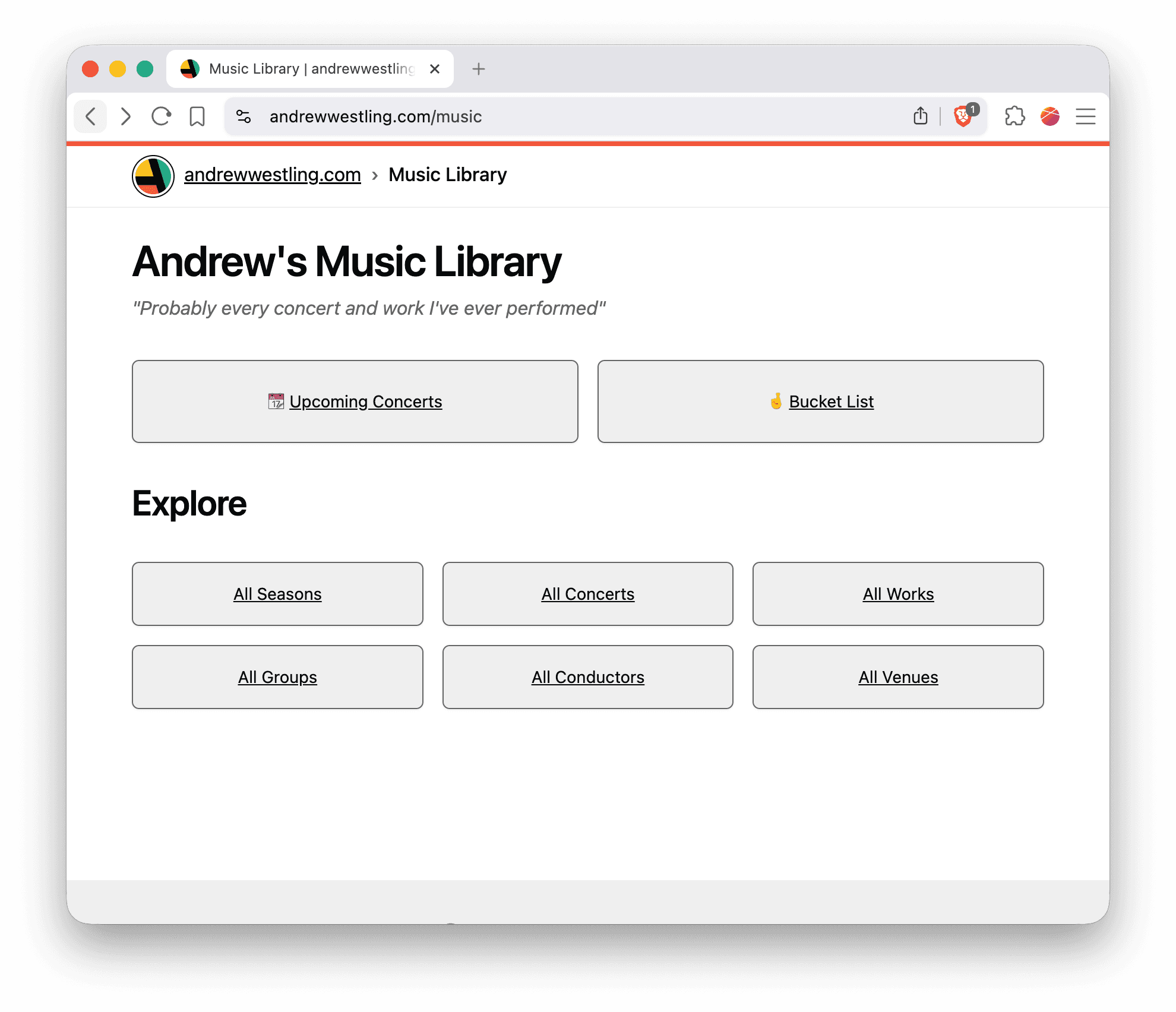 Music Library home page showing Andrew's performance archive