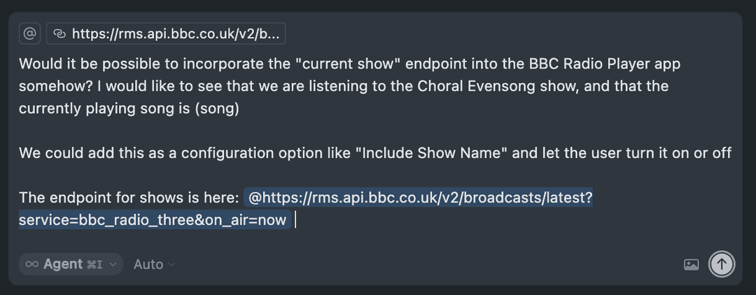 Cursor prompt to extend the BBC Radio 3 app