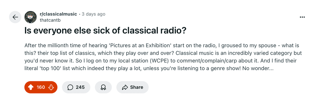 Reddit post about classical radio fatigue