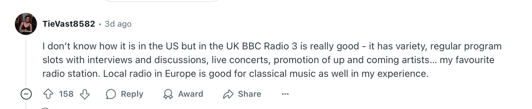 Reddit comment about BBC Radio 3